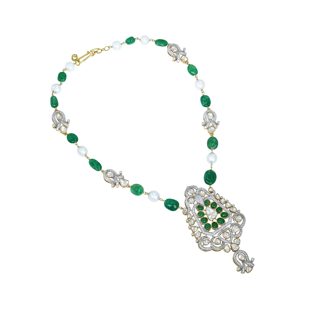 Emerald and Pearl Necklace with Diamond Motifs and Pendant